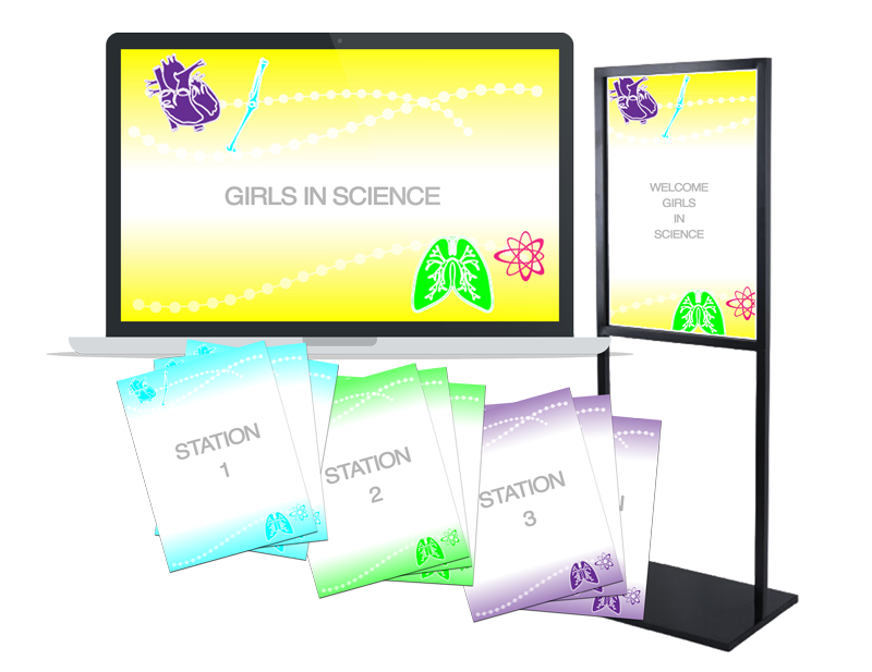 Custom graphics in a header/footer layout for a variety of uses by Girls in Science by Powersful Studios